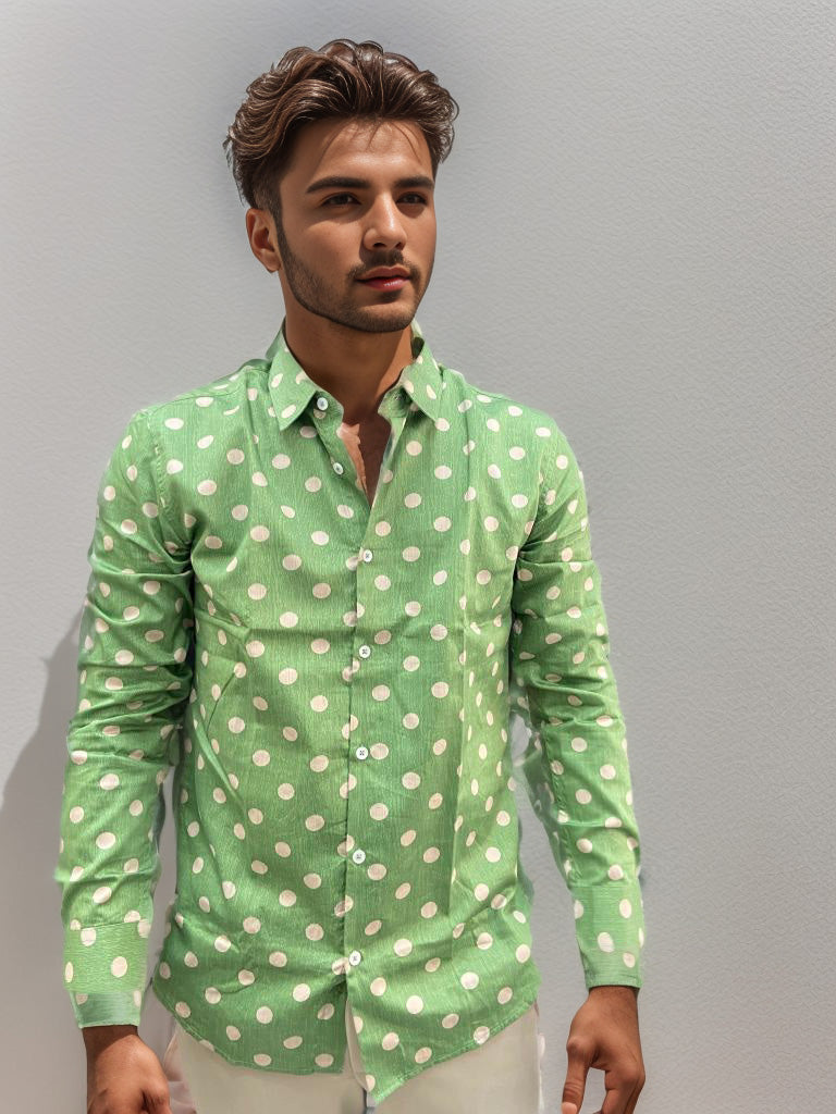 CORD WEAVE GREEN POLKA DOT SHIRT