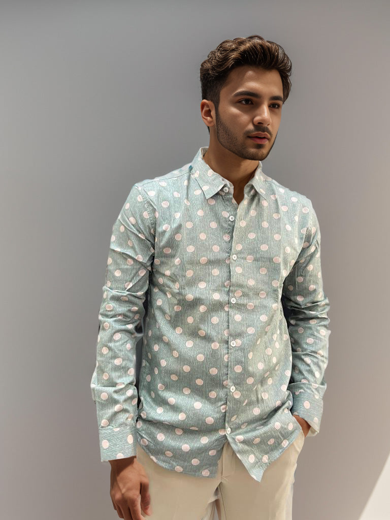 CORD WEAVE GREY POLKA DOT SHIRT