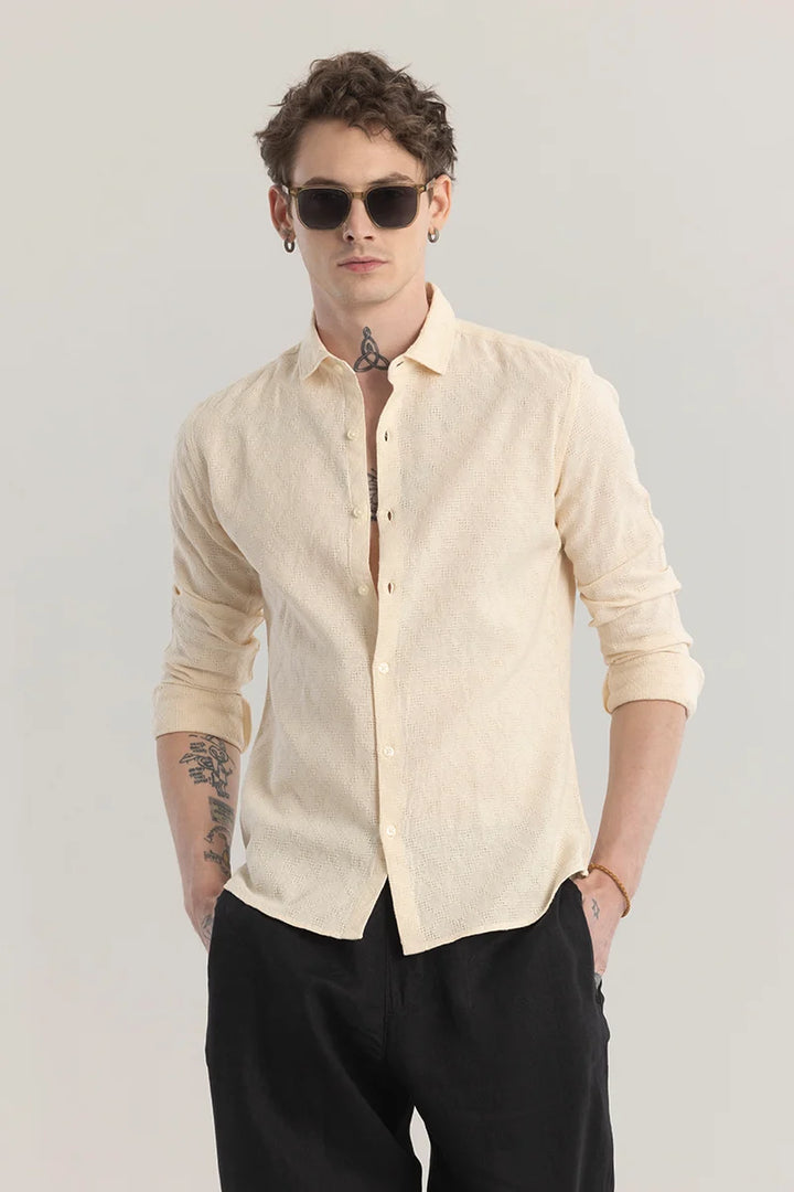 QUILTREND CREAM SELF DESIGN SHIRT