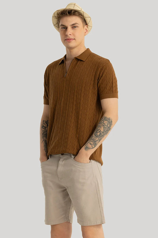 ASCENT BROWN KNITTED POLO T-SHIRT