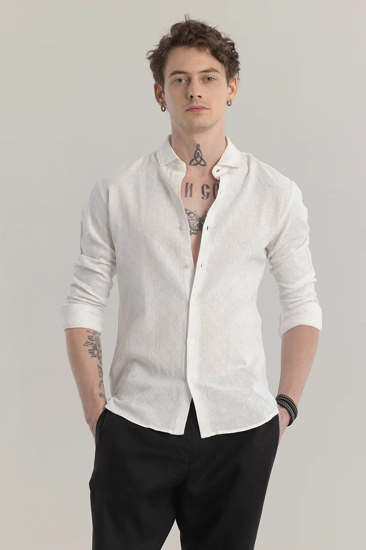 QUILTREND WHITE SELF DESIGN SHIRT