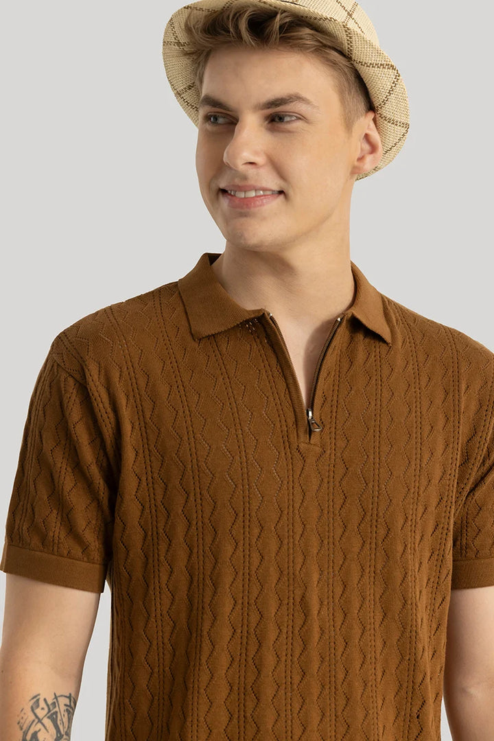 ASCENT BROWN KNITTED POLO T-SHIRT