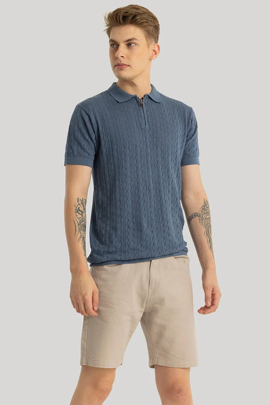 ASCENT STONE BLUE KNITTED POLO T-SHIRT