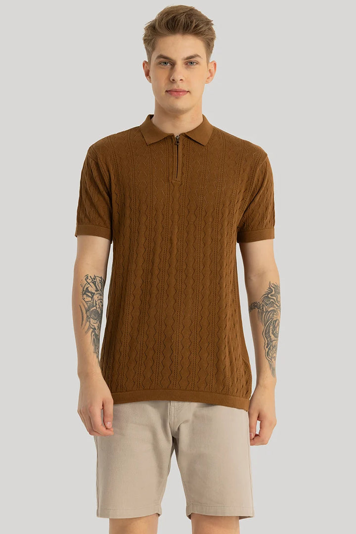 ASCENT BROWN KNITTED POLO T-SHIRT